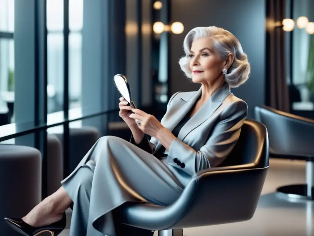 Mujer mayor elegante en salón de belleza, estilo en la tercera edad elegante