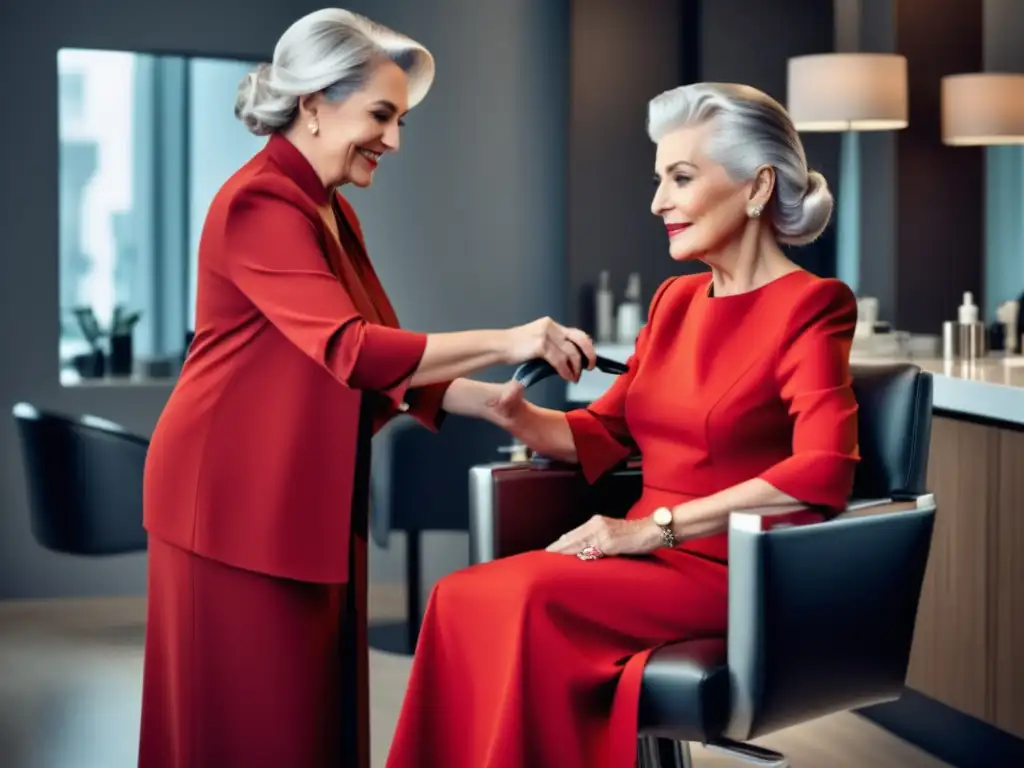 Mujer mayor elegante en salón de belleza, con vestido rojo, peinado chic