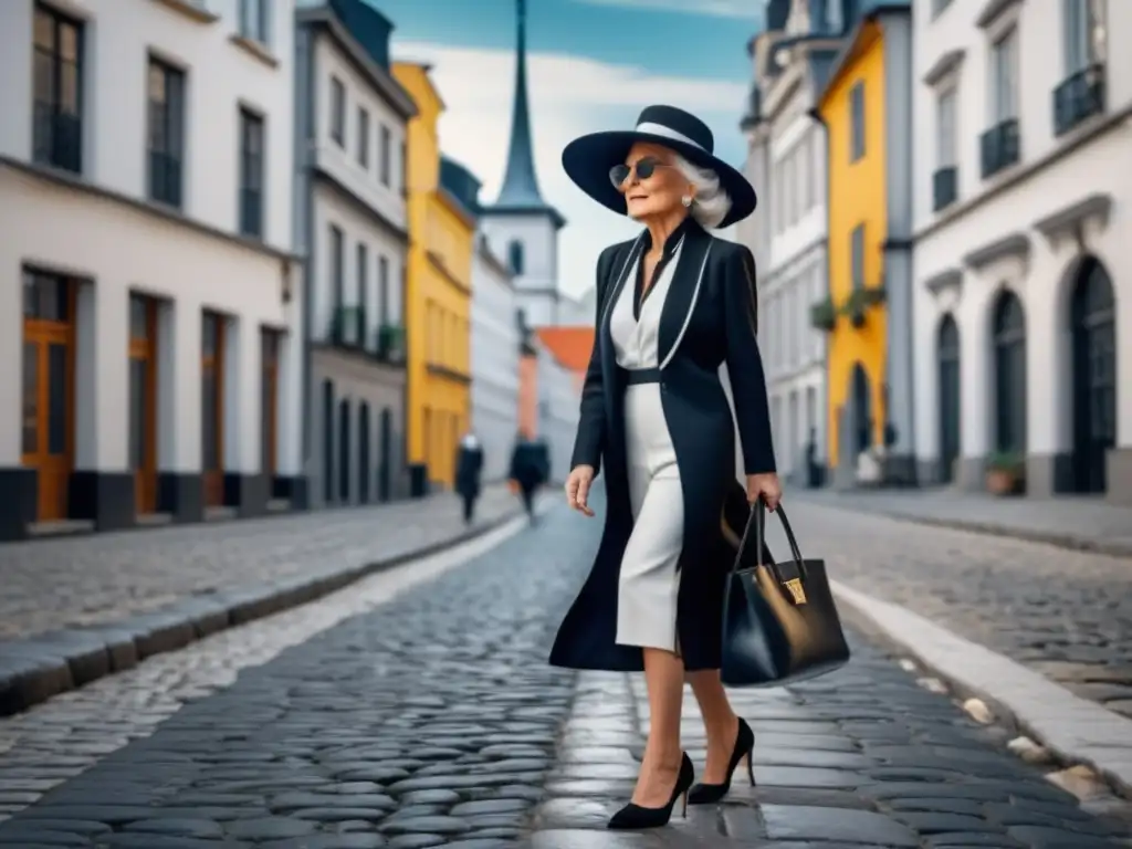 Elegante mujer mayor en atuendo blanco y negro, transmitiendo confianza y estilo en la tercera edad