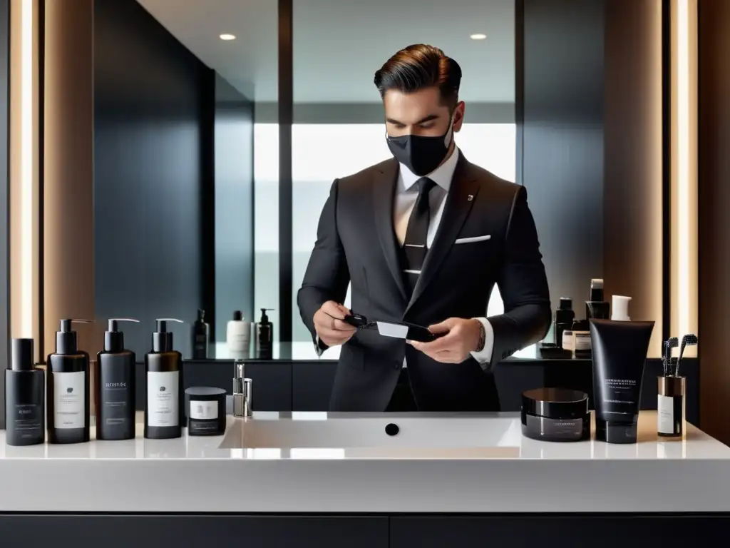 Baño moderno con productos de cuidado de la piel y hombre elegante preparándose para afeitarse