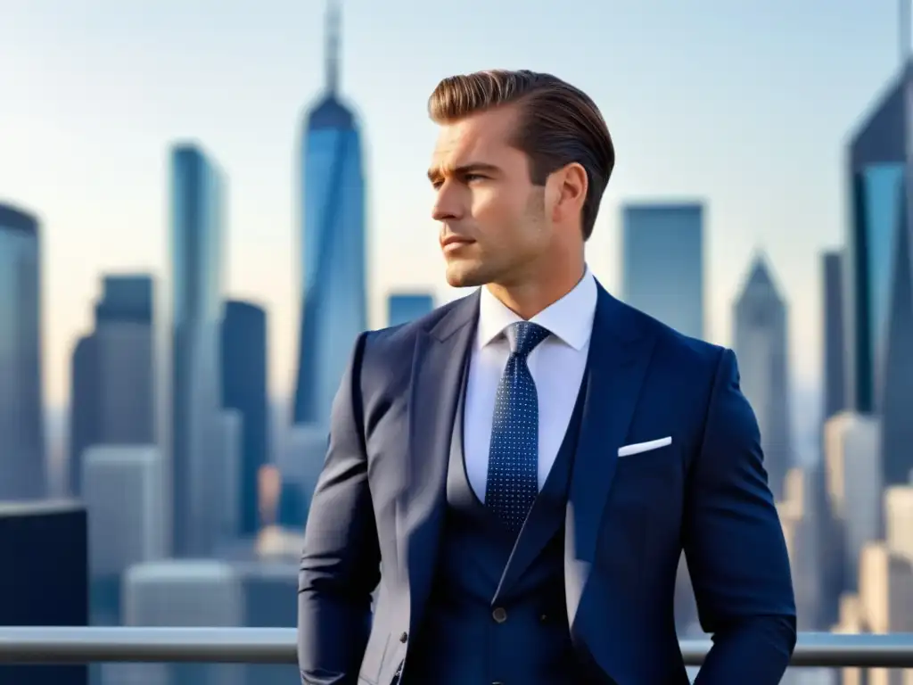 Hombre elegante en traje azul frente a la ciudad, proyecta profesionalismo y confianza