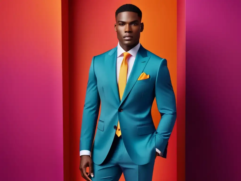 Tendencias moda masculina corporativa 2022: Modelo elegante en un traje a medida, destacando los colores audaces y la atención al detalle