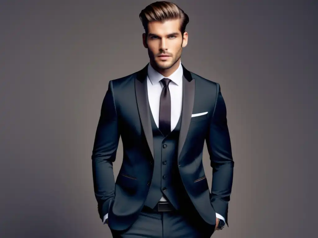 Tendencias moda masculina última década: Modelo masculino elegante en traje formal, destacando la sofisticación y modernidad