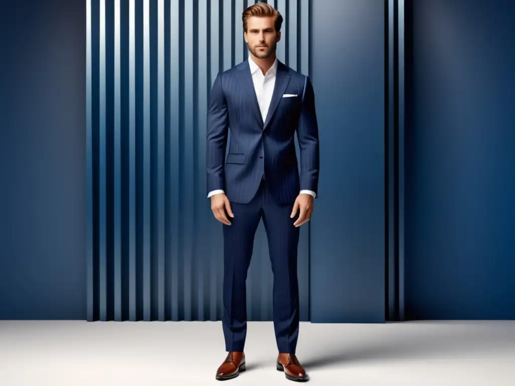 Importancia rayas en moda masculina: modelo elegante con traje rayas azules, resalta figura y estatura