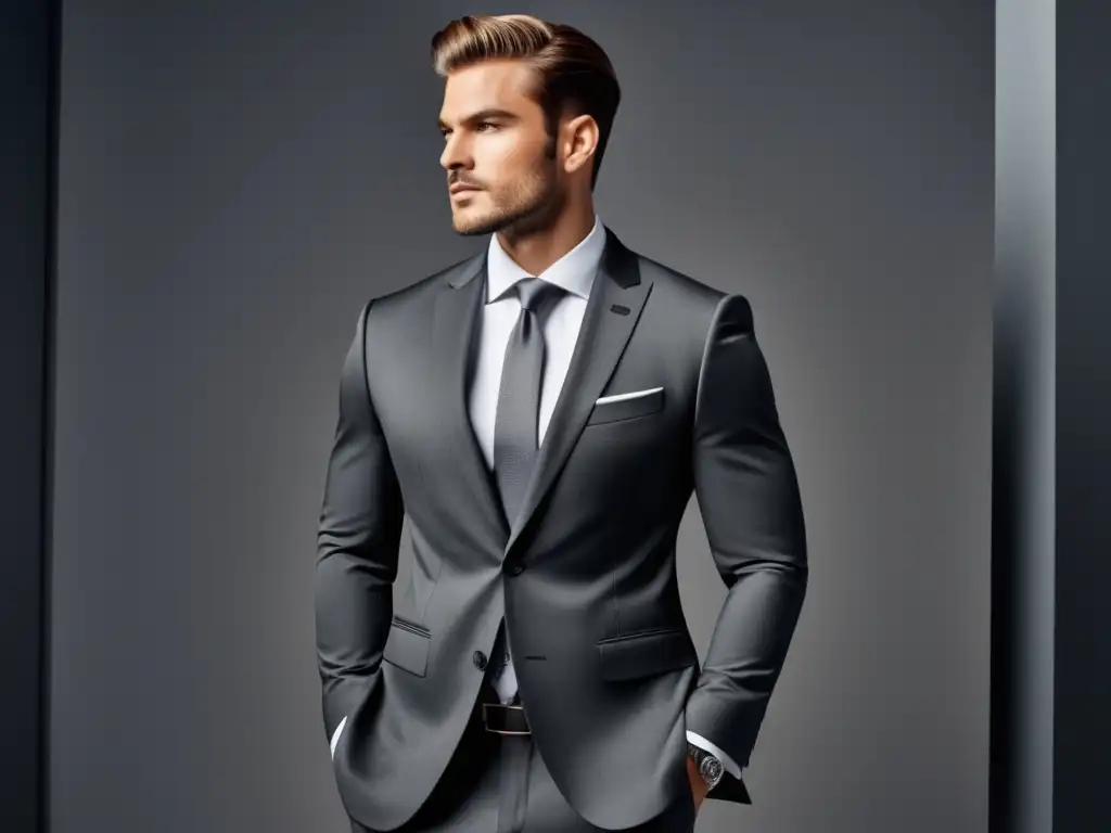 Tendencias moda corporativa masculina: Imagen de un modelo masculino bien vestido con traje gris en un entorno corporativo moderno