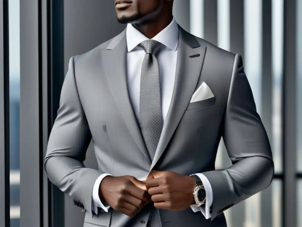 Influencia del gris en moda masculina: traje gris ajustado, camisa blanca, corbata gris estampada