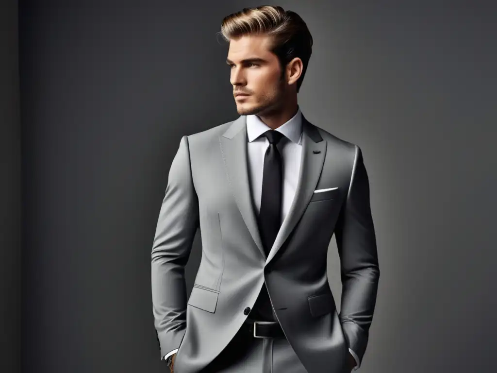 Modelo masculino elegante en traje gris neutro, tendencia moda masculina tonos neutros