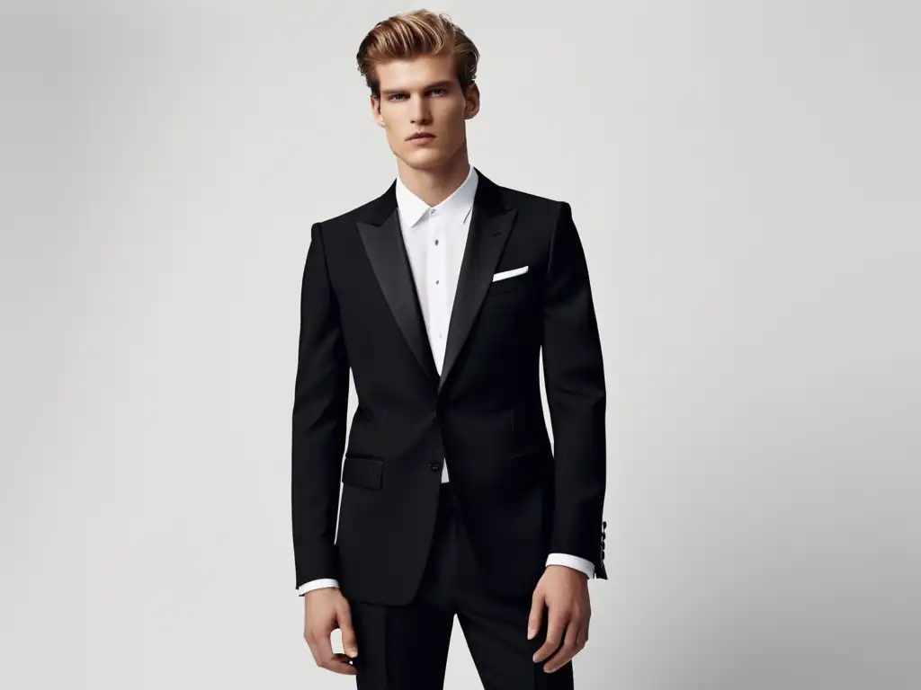 Tendencias moda masculina Saint Laurent: traje negro impecablemente confeccionado, modelo masculino seguro y elegante, pose relajada y sofisticada