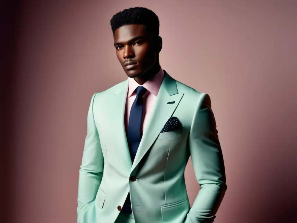 Influencia colores pastel moda masculina: modelo elegante destaca traje pastel, sofisticación y modernidad