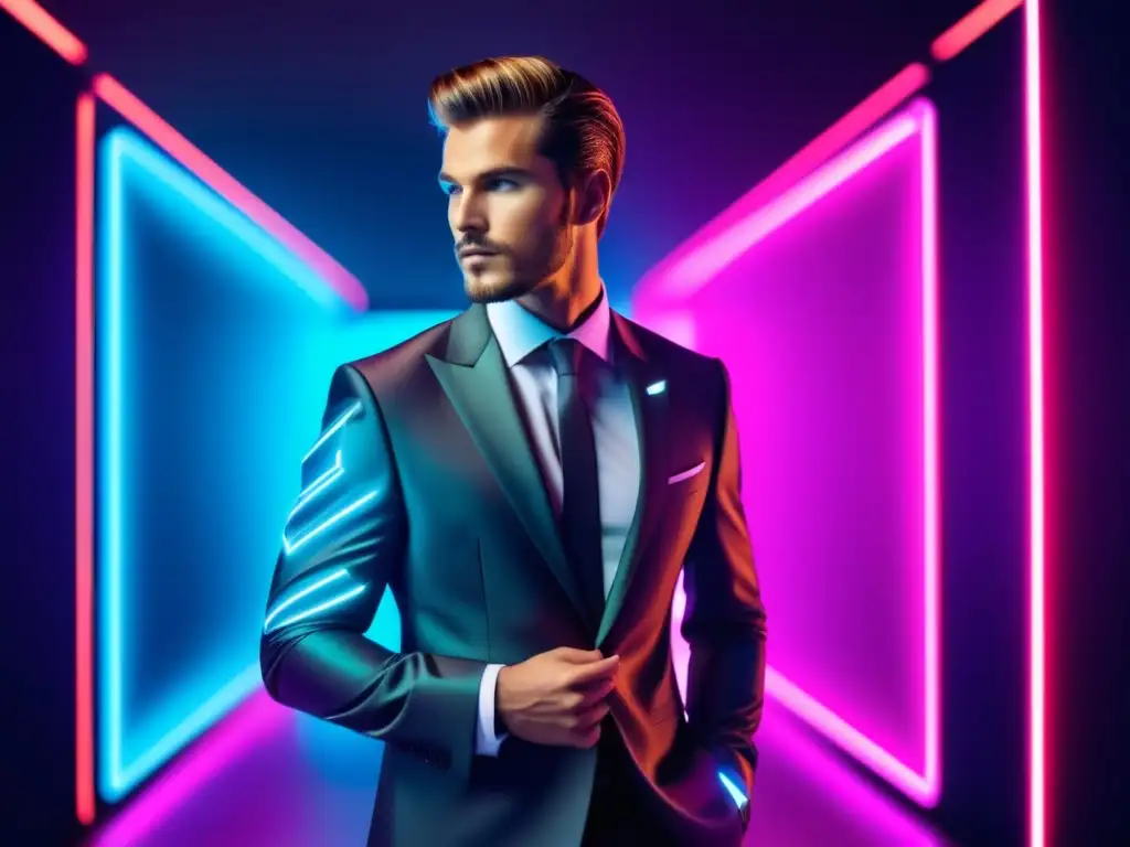 Hombre elegante en traje inteligente, fondo futurista, iluminado por luces neón