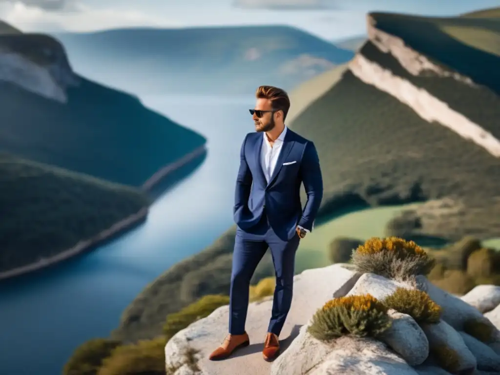 Elegante viajero en acantilado Consejos para viajar con estilo: hombre elegante en un acantilado con paisaje pintoresco