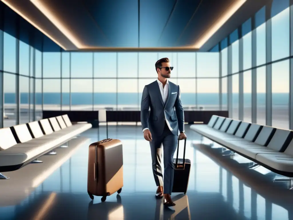 Elegante viajero en lounge de aeropuerto Consejos para viajar con estilo y lidiar con retrasos y cancelaciones