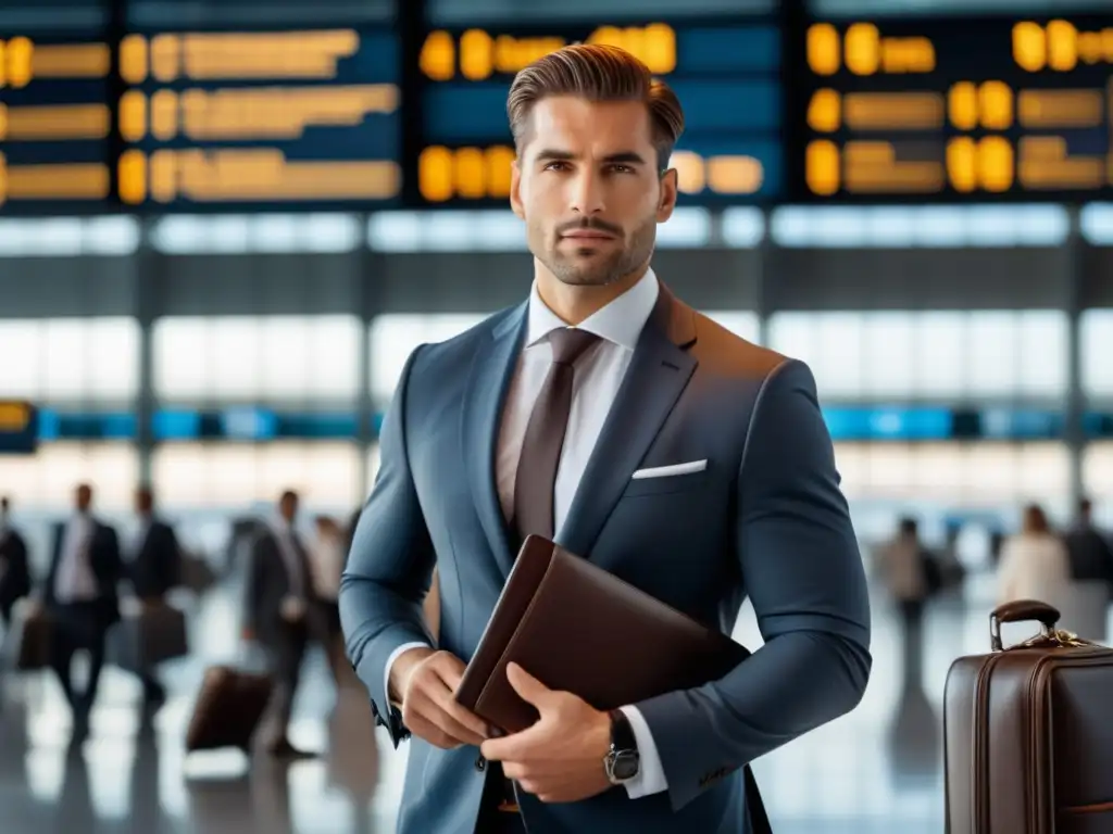 Consejos etiqueta viaje hombre: Viajero elegante en aeropuerto, traje impecable, pasaporte y maletín de cuero