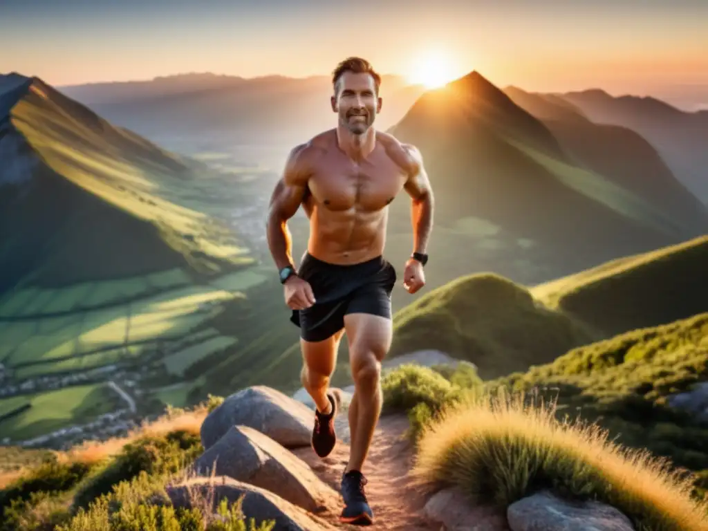 Hombre atlético en la cima de una montaña, disfrutando de un amanecer majestuoso