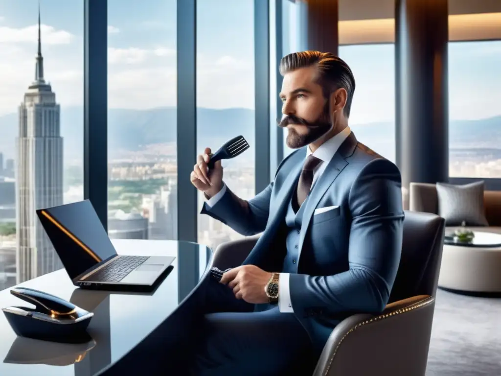 Un empresario bien vestido en una habitación de hotel de lujo, con vista a la ciudad, listo para mantener su barba y bigote