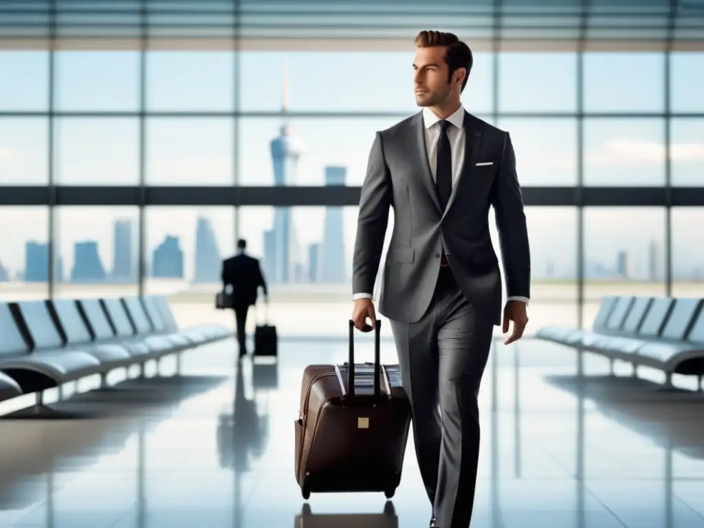 Consejos moda viajeros negocios masculinos: elegante empresario en aeropuerto moderno, traje a medida, maleta cuero y skyline