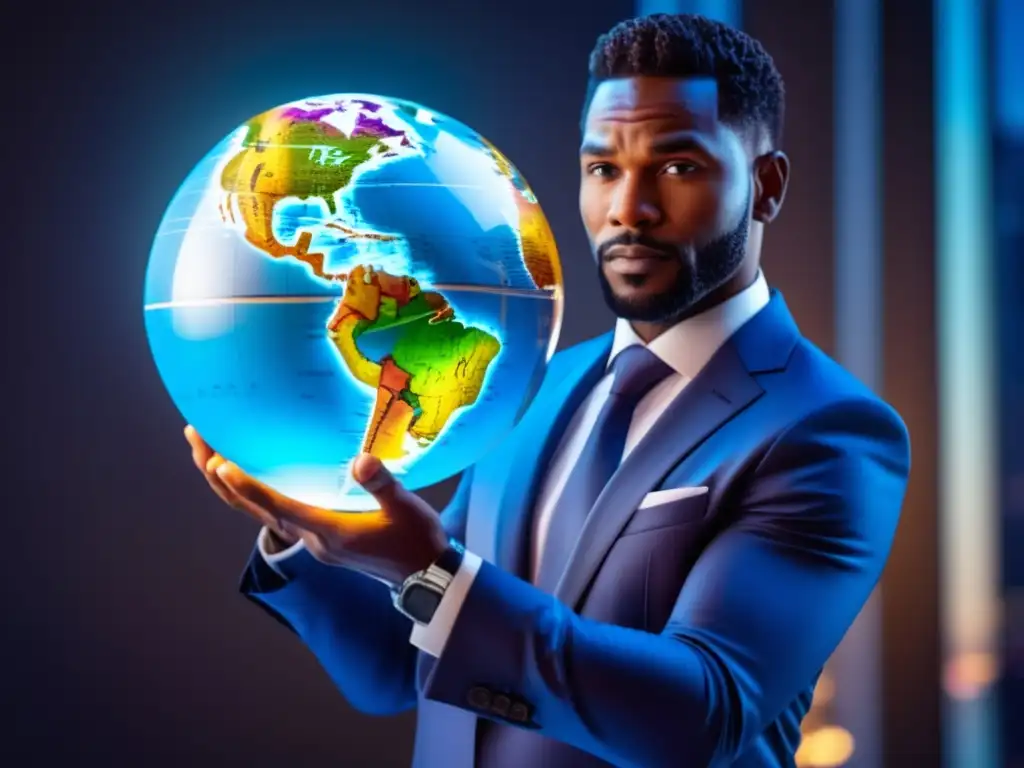Hombre de negocios con globo terráqueo Hombre elegante superando jet lag con el mundo en manos