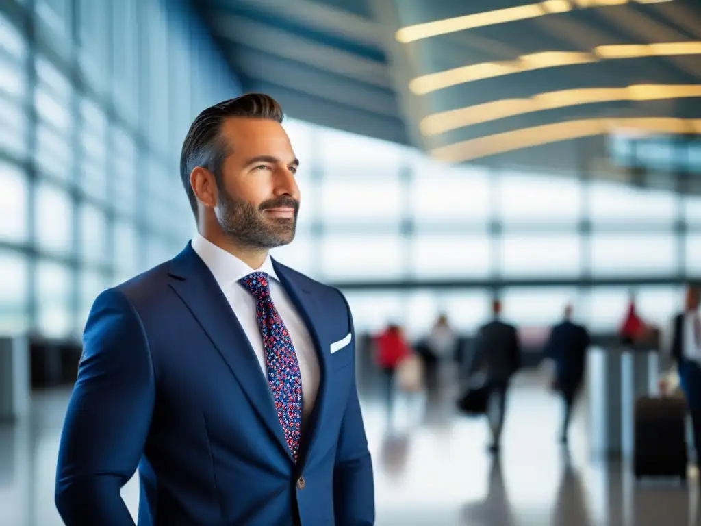 Exitoso empresario listo para viaje de negocios Hombre elegante en aeropuerto, traje azul marino, confianza y profesionalismo