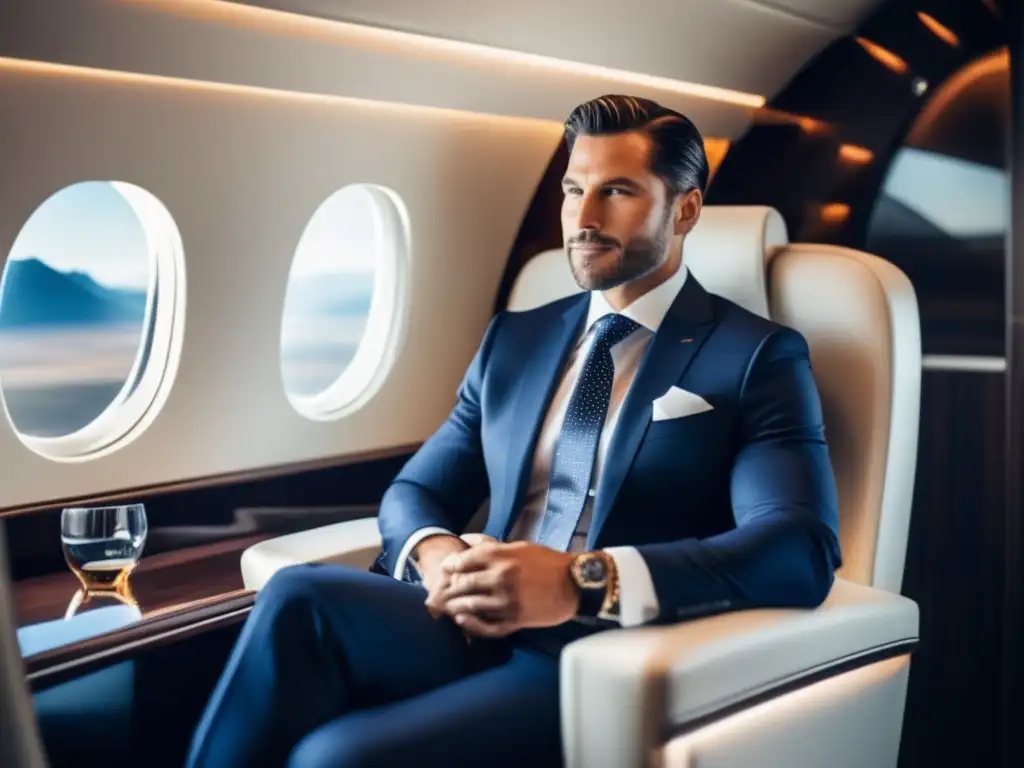 Hombre elegante en jet privado trabajando Hombre elegante trabaja en lujoso jet privado - Consejos de viaje productivo masculino