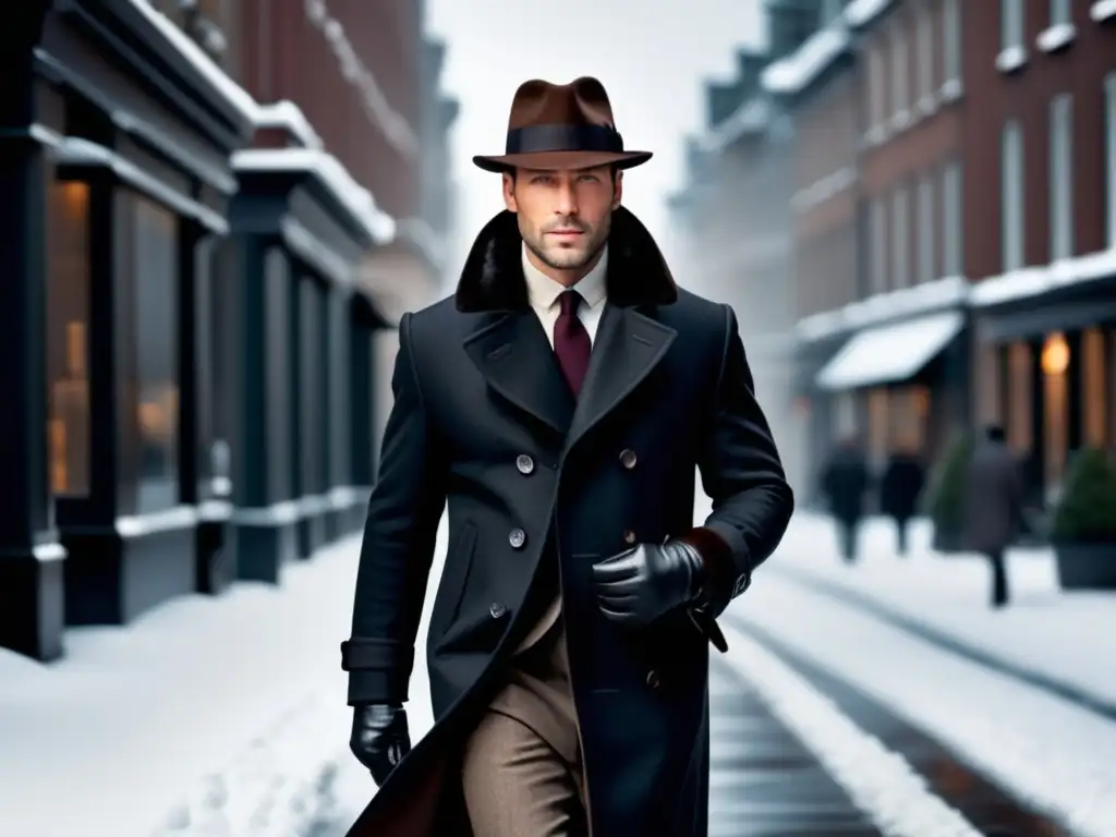 Moda corporativa invierno hombres - Hombre elegante en la nieve con abrigo oscuro, guantes de cuero y sombrero fedora