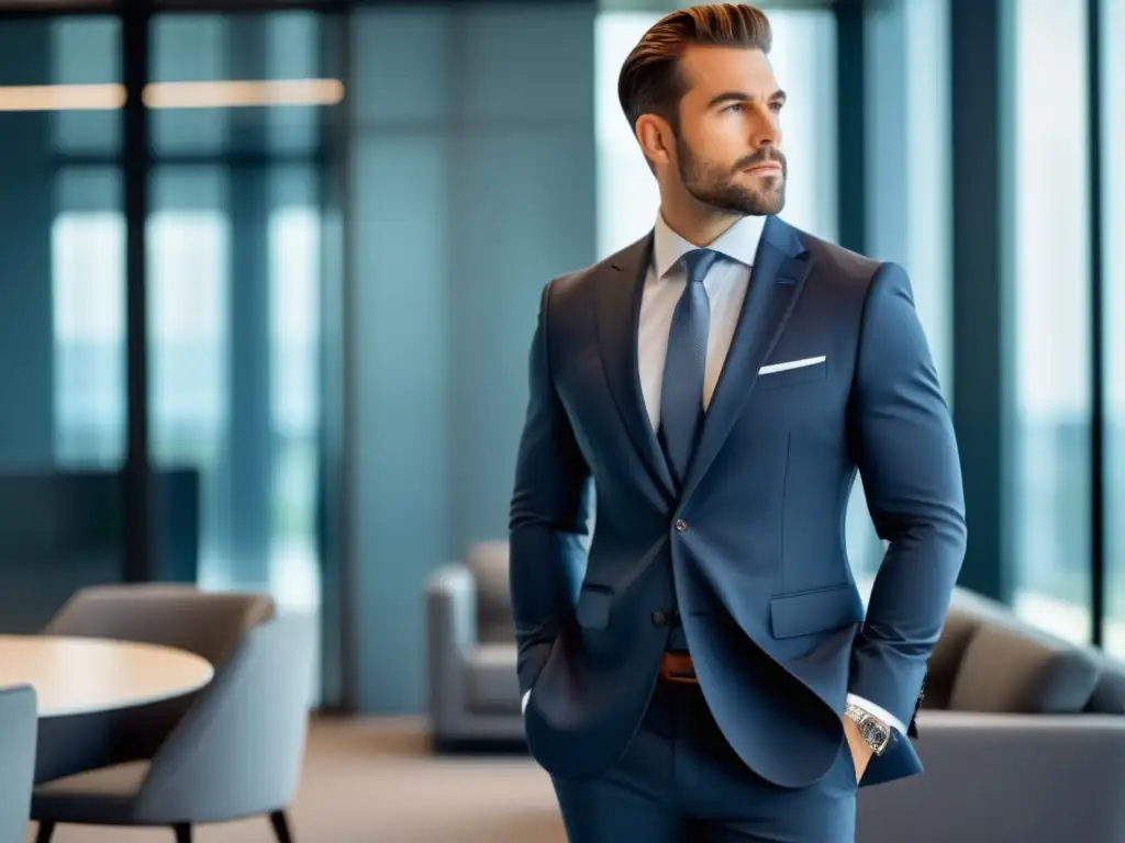 Hombre elegante en oficina moderna, traje a medida con accesorios, transmitiendo profesionalismo y estilo