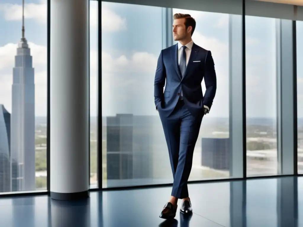 Un exitoso hombre de negocios en un elegante traje azul marino, con camisa blanca, corbata de seda estampada y zapatos de cuero negro