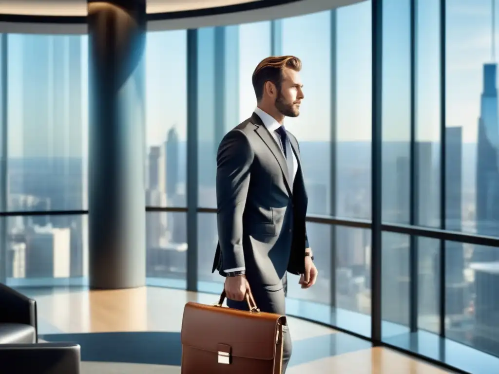 Hombre de negocios elegante en oficina moderna con vista a la ciudad - Elegir cartera estilo vida