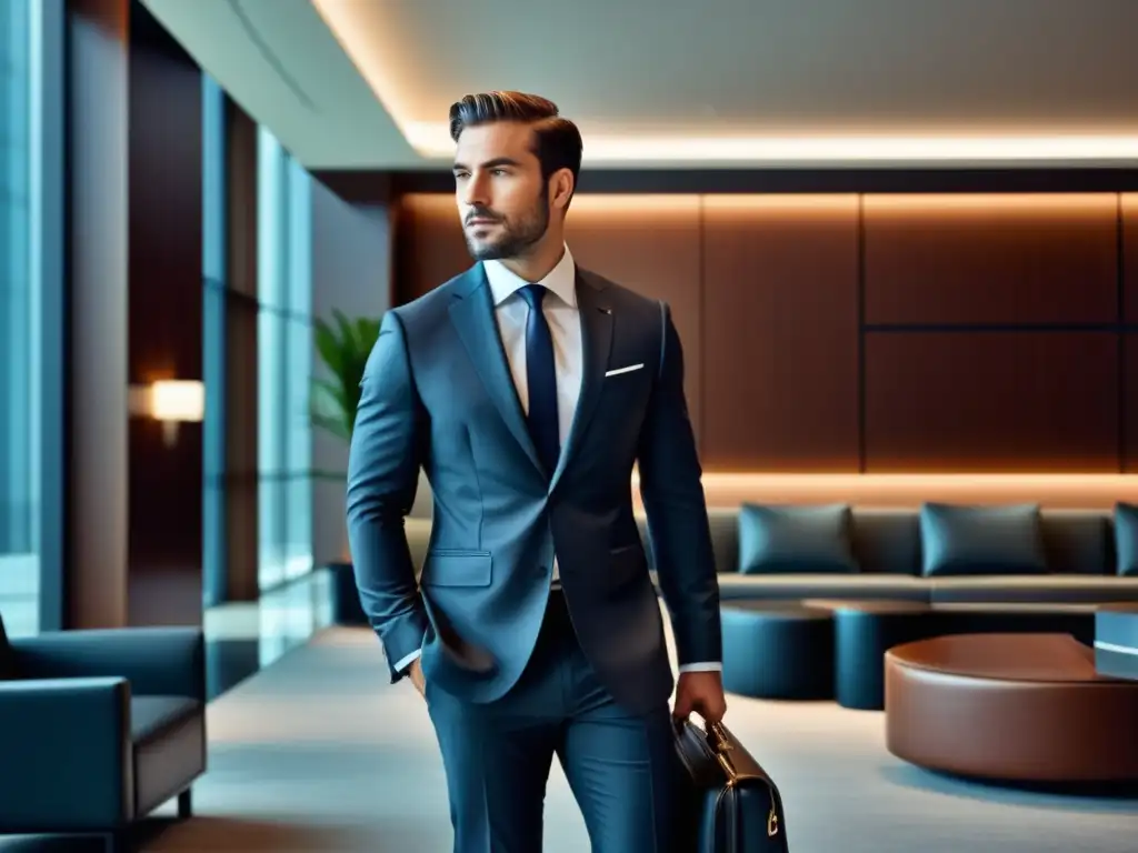 Hombre de negocios en lobby de hotel, equipaje ideal para viajes de negocios masculino