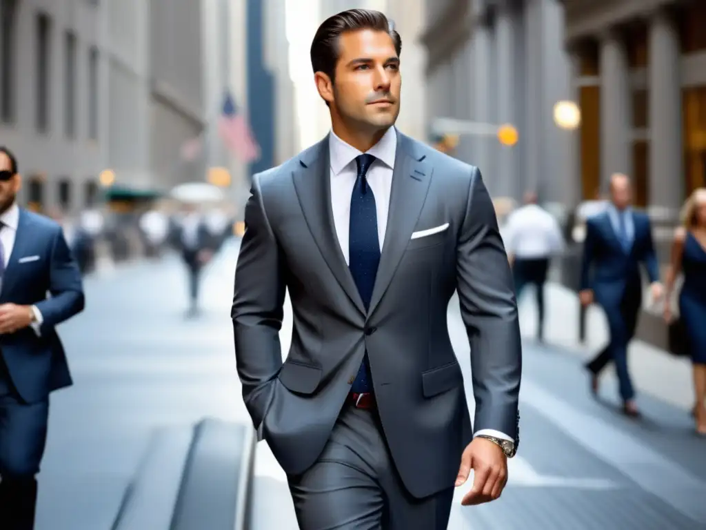 Tendencias moda masculina Wall Street: hombre elegante caminando por calles bulliciosas con traje gris ajustado, camisa blanca y corbata azul marino