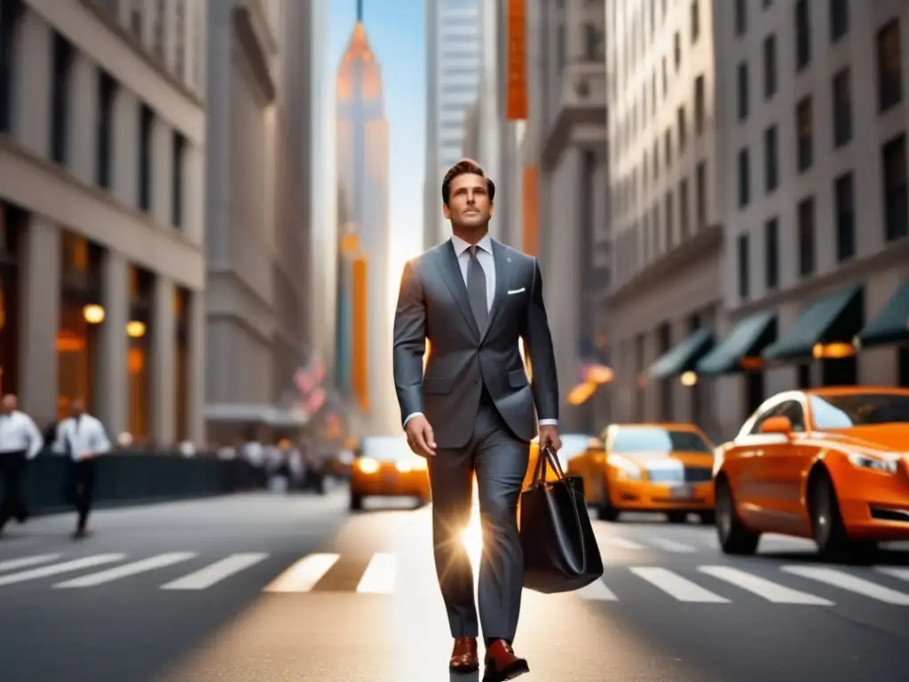 Tendencias moda masculina Wall Street: Elegante hombre de negocios con traje gris y corbata Hermès caminando con confianza en la ciudad