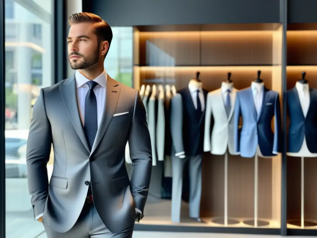 Ventajas trajes a medida hombre corporativo: Elegante empresario frente a tienda moderna, con trajes en exhibición y asesoramiento profesional