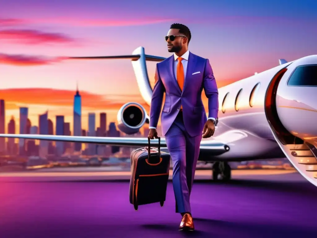 Empresario elegante desembarcando de un jet privado Hombre elegante evitando el jet lag con estilo