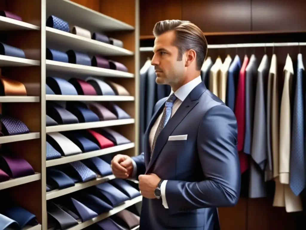 Corbata perfecta ocasión negocios: hombre elegante seleccionando corbata de amplia variedad de opciones en frente de un espejo