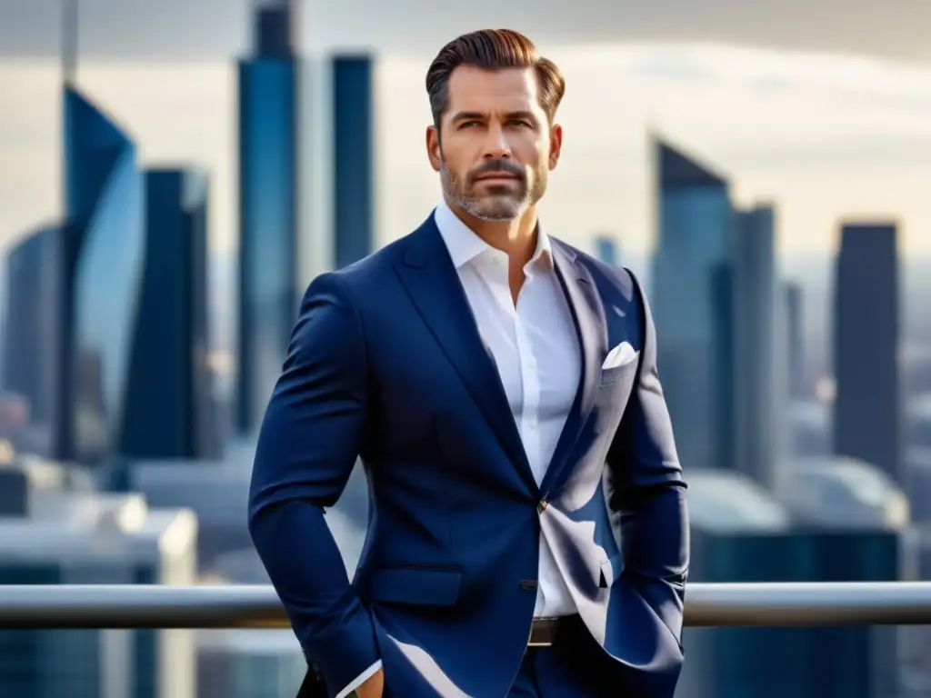 Consejos vestimenta casual negocios hombres: Hombre exitoso en traje azul marino, camisa blanca y accesorios elegantes