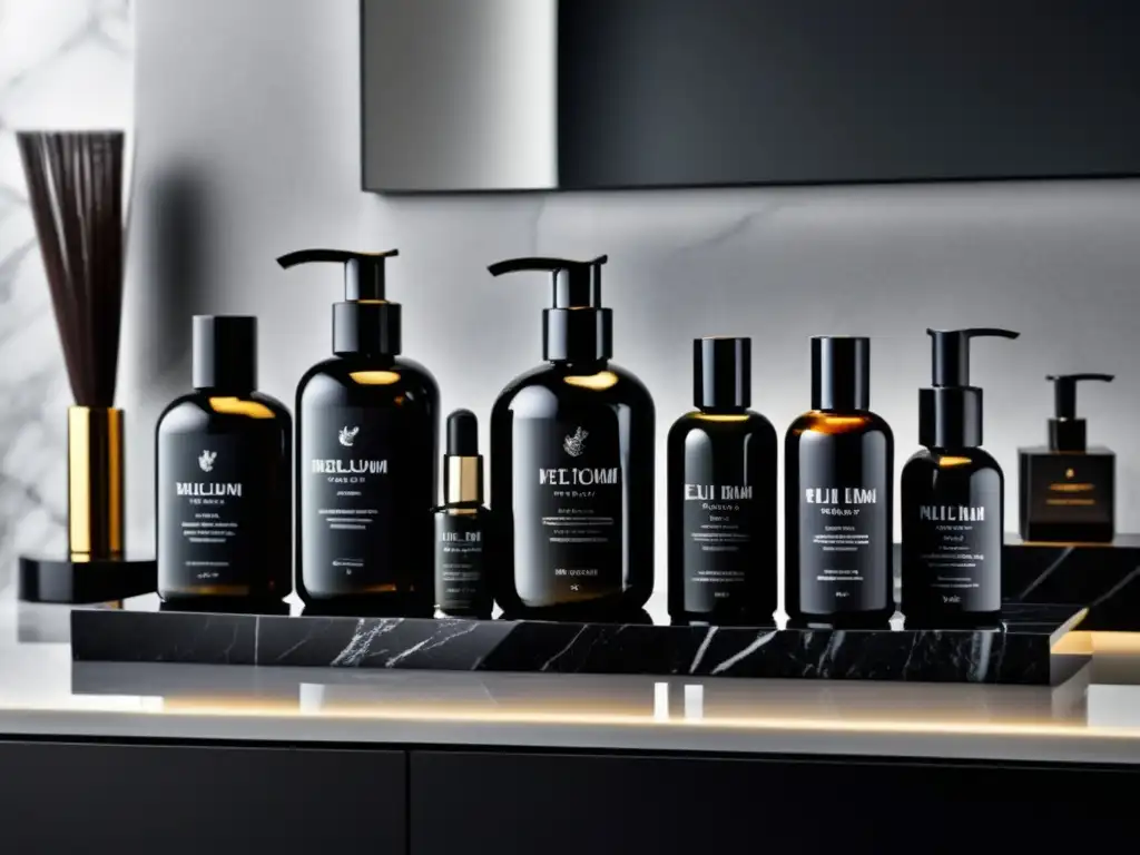 Marca de belleza masculina: Encantador baño de mármol negro con accesorios de aseo de lujo