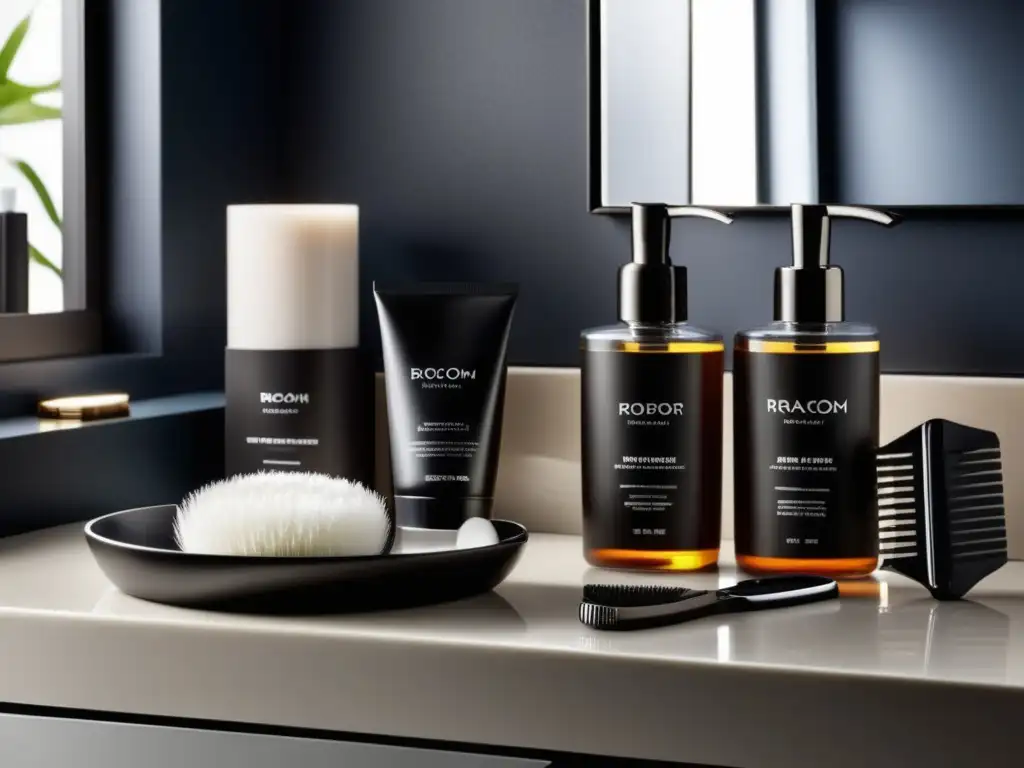 Accesorios de grooming masculino esenciales en un elegante baño moderno