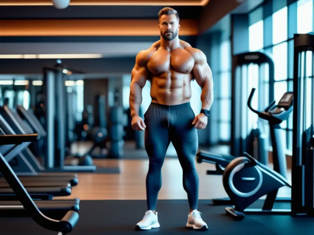 Guía de activewear para hombres: hombre endomorfo en gimnasio moderno, vestido con ropa deportiva ajustada y cómoda que realza su figura muscular