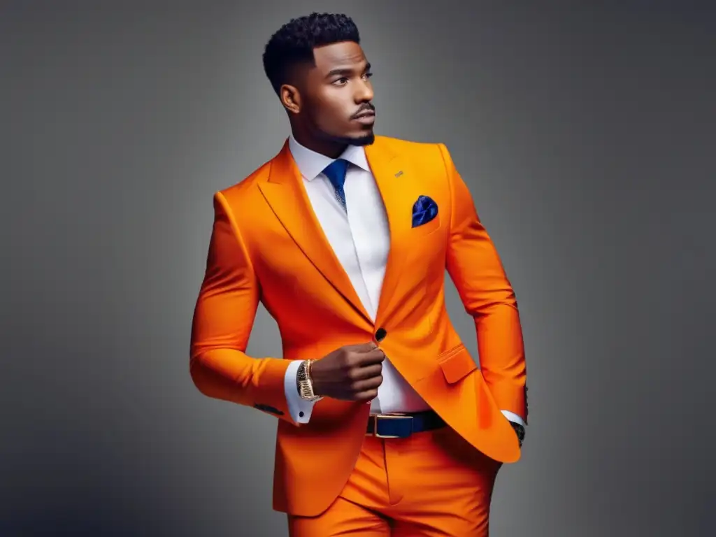 Beneficios del color naranja en moda masculina: un joven seguro y con estilo en un traje vibrante destaca la energía y vitalidad del color