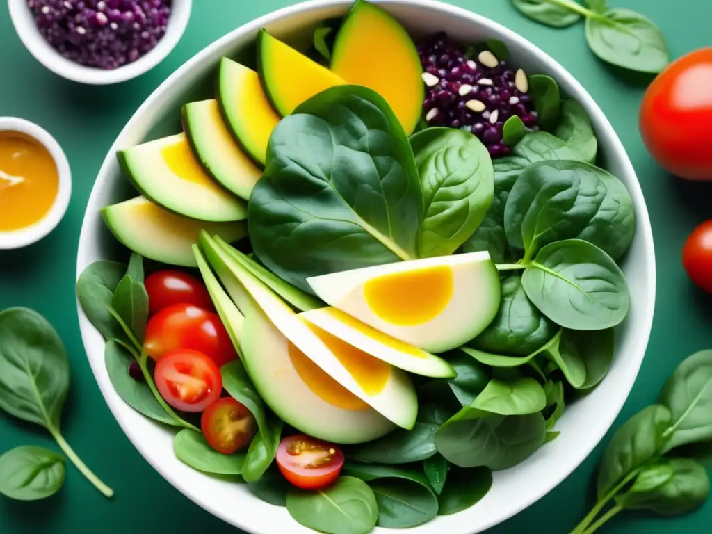 Alimentos para piel y cabello: Ensalada vibrante y colorida con espinacas, fresas, aguacate, semillas de calabaza, mango y arándanos