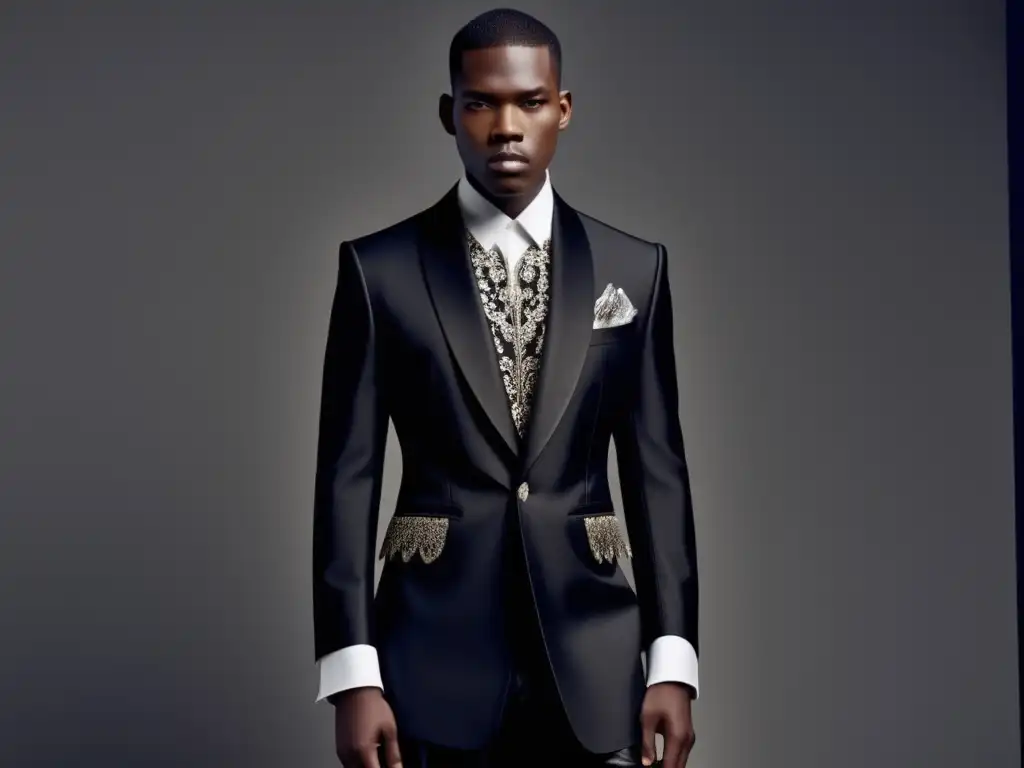 Tendencias moda masculina Alexander McQueen: modelo con conjunto vanguardista y detalles intrincados