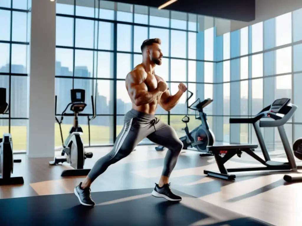 Ejercicios para tonificar el cuerpo masculino en un gimnasio moderno con equipo de última generación y amplia iluminación