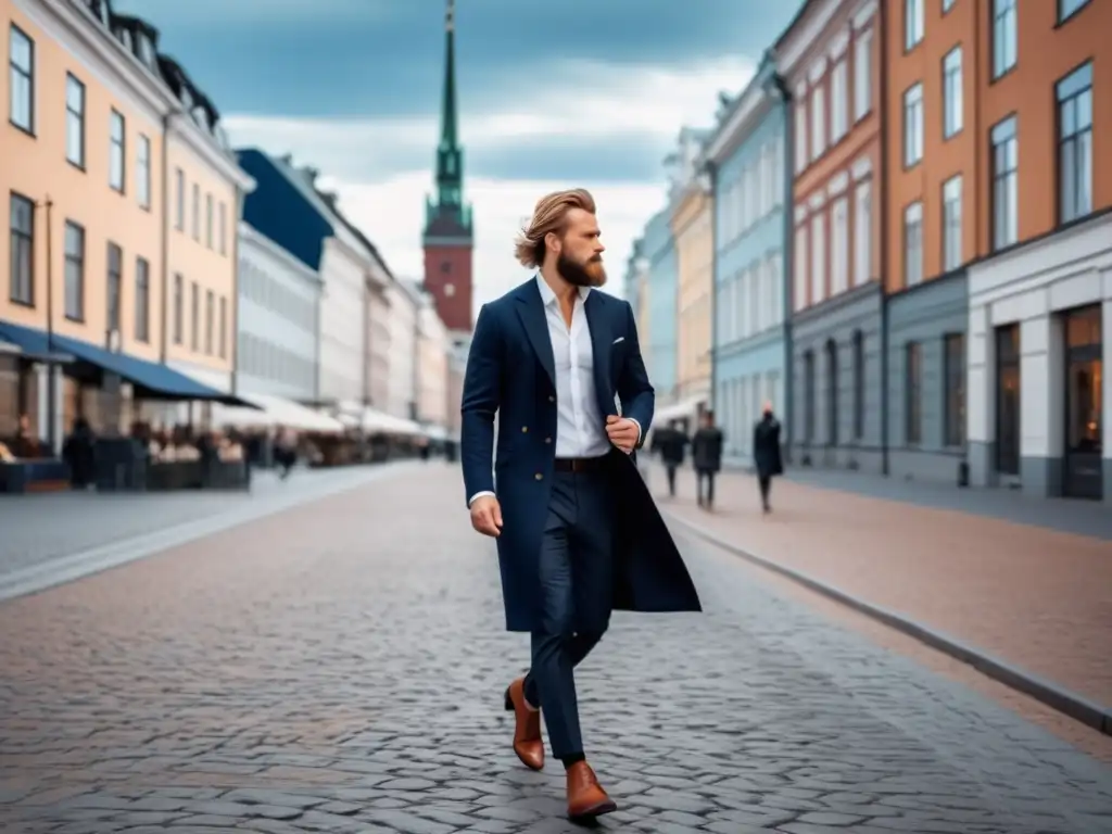 Tendencias moda masculina Escandinavia: hombre elegante caminando por Helsinki, con outfit minimalista y paisaje de arquitectura moderna