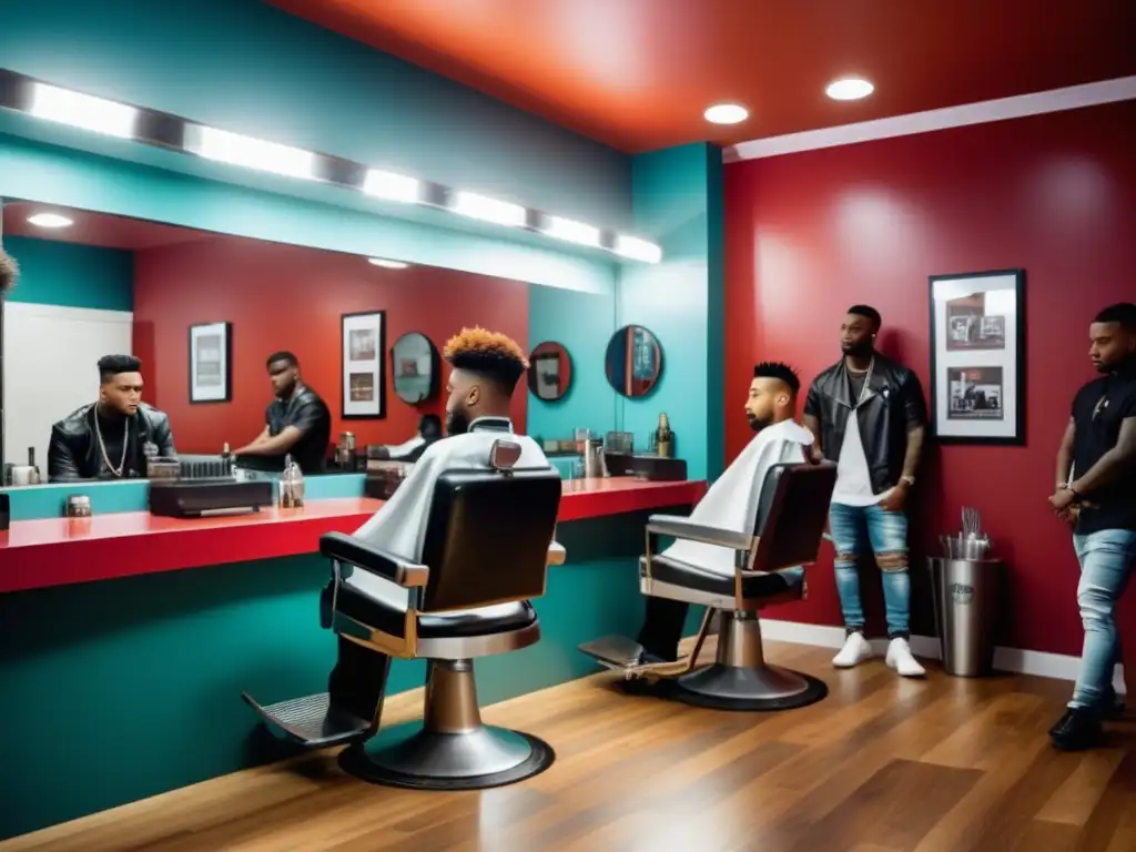 Barbería Hip Hop: Escena moderna con barberos y estilo urbano, fusionando moda, música y cultura