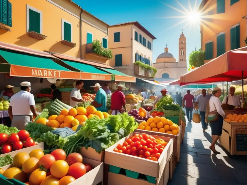 Escena vibrante de mercado mediterráneo con alimentos para salud cardiovascular masculina