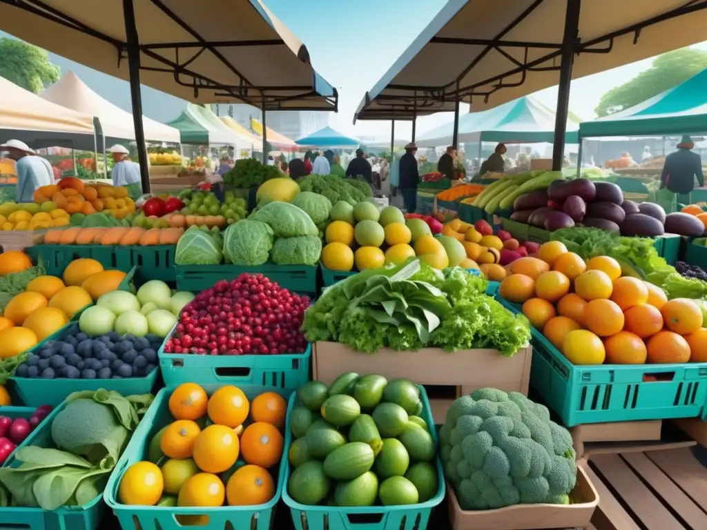 Importancia de la alimentación saludable en un vibrante mercado con frutas, verduras y gente seleccionando productos