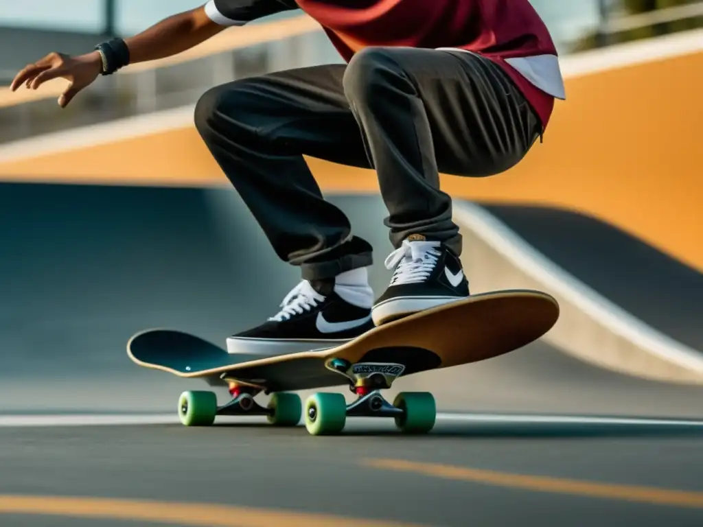 Escena emocionante en skatepark con ropa y equipo para skateboarding masculino