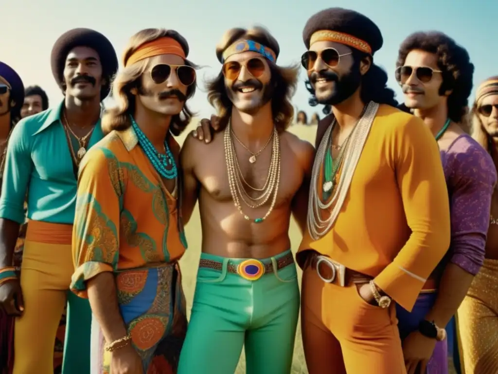 Tendencias moda masculina años 70: Hombres estilosos abrazando influencias hippie y contraculturales en una vibrante imagen retro