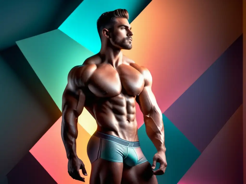 Fotografía masculina resalta belleza, cuerpo musculoso, estilo moderno, minimalismo, luces suaves, fuerza y elegancia