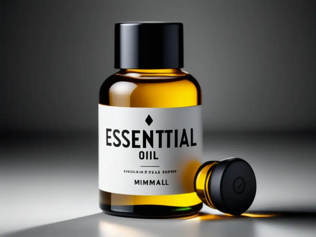 Beneficios aceites esenciales para piel masculina: botella de diseño masculino, líquido dorado, minimalista, elegante