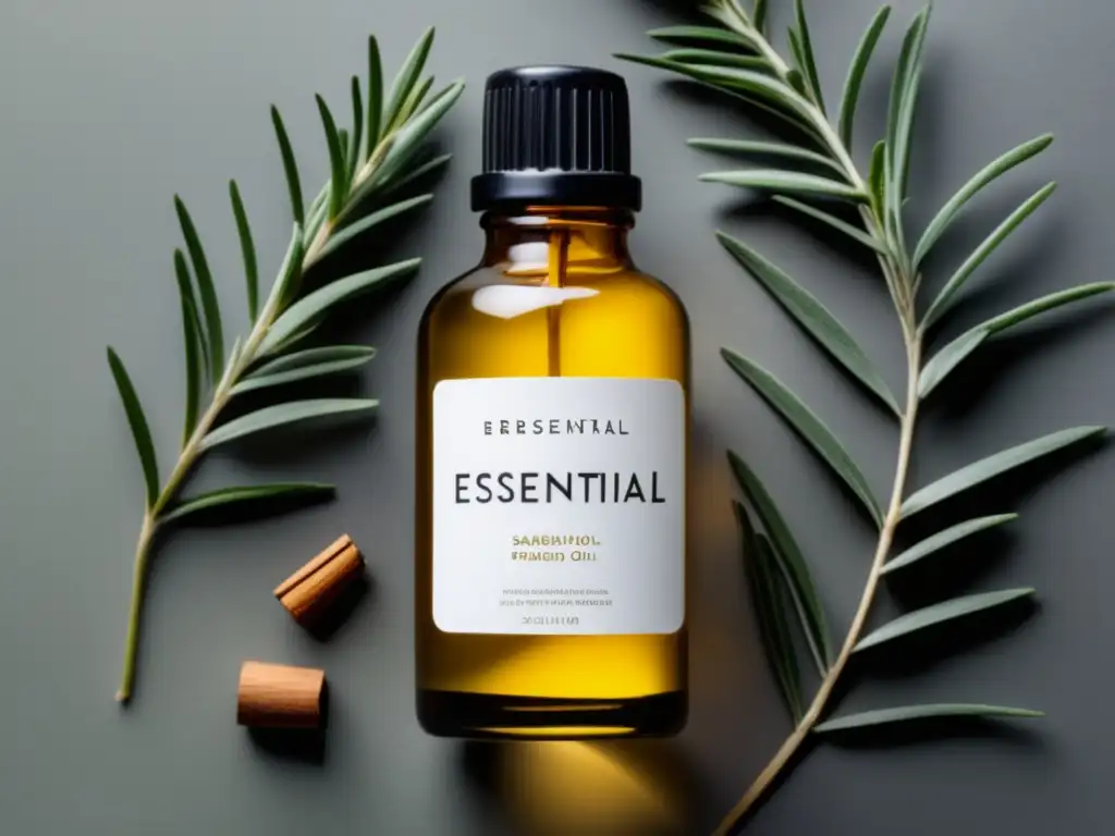 Beneficios aceites esenciales para piel masculina - Botella moderna con aceite dorado rodeada de romero, sándalo y bergamota